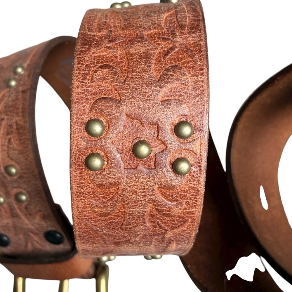Honest By Brighton Tooled Leather Studded Belt Brown - Picture 3 of 11